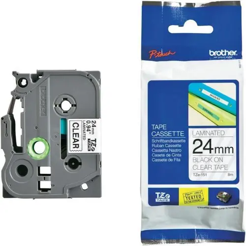 BANDĂ PENTRU IMPRIMANTE DE ETICHETE BROTHER TIP TZ - 24 mm x 8,00 m - BANDĂ NEGRU PE TRANSPARENT - PN TZE-151 (TZE151) - 1