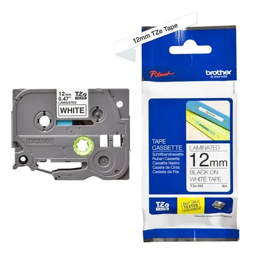BANDĂ PENTRU IMPRIMANTE DE ETICHETE BROTHER TIP TZ - 12 mm x 8,00 m - Negru pe bandă albă - PN TZE231 (TZE-231) - 1