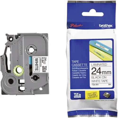BANDĂ PENTRU IMPRIMANTE DE ETICHETE BROTHER TIP TZ - 24 mm x 8,00 m - Negru pe bandă albă - PN TZE251 (TZE-251) - 1