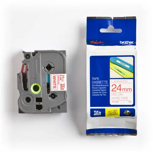 BANDĂ PENTRU IMPRIMANTE DE ETICHETE BROTHER TIP TZ - 24 mm x 8,00 m - ROȘU PE BANDĂ ALBĂ - PN TZE-252 (TZE252) - 1