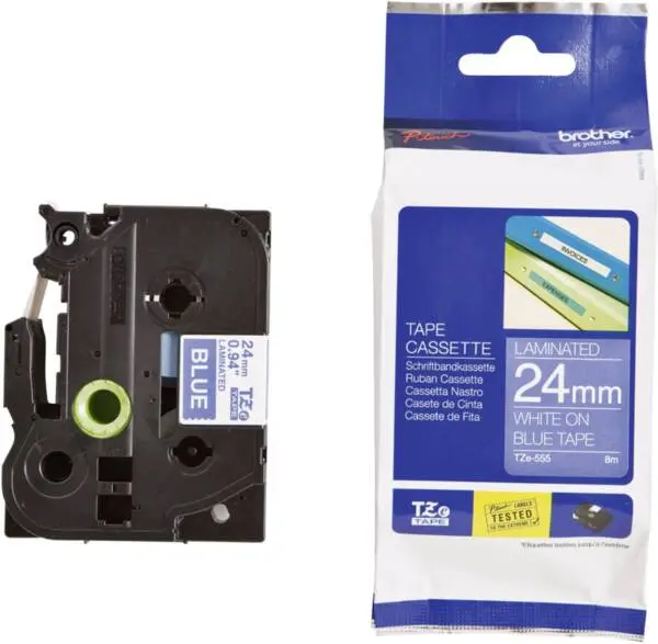 BANDĂ PENTRU IMPRIMANTE DE ETICHETE BROTHER TIP TZ - 24 mm x 8,00 m - ALB PE BANDĂ ALBASTRĂ - PN TZE555 (TZE-555)