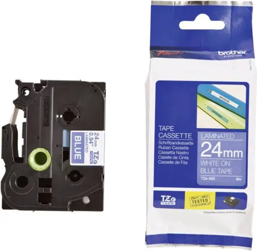 ΤΑΙΝΙΑ ΓΙΑ ΕΚΤΥΠΩΤΕΣ ΕΤΙΚΕΤΩΝ BROTHER ΤΥΠΟΥ TZ - 24 mm x 8,00 m - ΛΕΥΚΟ ΣΕ ΜΠΛΕ ΤΑΙΝΙΑ - PN TZE555 (TZE-555) - 1