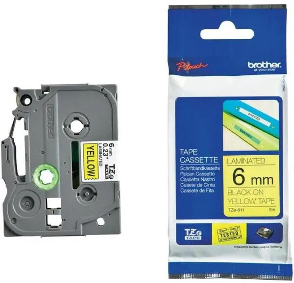 BANDĂ PENTRU IMPRIMANTE DE ETICHETE BROTHER TIP TZ - 6 mm x 8,00 m - NEGRU PE BANDĂ GALBENĂ - PN TZE611 (TZE-611)