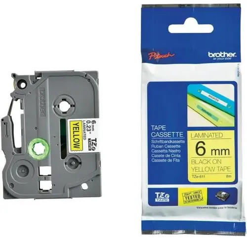 ΤΑΙΝΙΑ ΓΙΑ ΕΚΤΥΠΩΤΕΣ ΕΤΙΚΕΤΩΝ BROTHER ΤΥΠΟΥ TZ - 6 mm x 8,00 m - ΜΑΥΡΟ ΣΕ ΚΙΤΡΙΝΗ ΤΑΙΝΙΑ - PN TZE611 (TZE-611) - 1