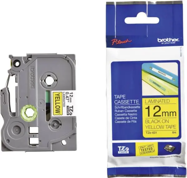 ΤΑΙΝΙΑ ΓΙΑ ΕΚΤΥΠΩΤΕΣ ΕΤΙΚΕΤΩΝ BROTHER ΤΥΠΟΥ TZ - 12 mm x 8,00 m - ΜΑΥΡΟ ΣΕ ΚΙΤΡΙΝΗ ΤΑΙΝΙΑ - PN TZE631 (TZE-631)