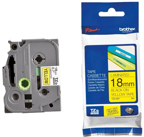 ΤΑΙΝΙΑ ΓΙΑ ΕΚΤΥΠΩΤΕΣ ΕΤΙΚΕΤΩΝ BROTHER ΤΥΠΟΥ TZ - 18 mm x 8,00 m - ΜΑΥΡΟ ΣΕ ΚΙΤΡΙΝΗ ΤΑΙΝΙΑ - PN TZE641 (TZE-641) - 1