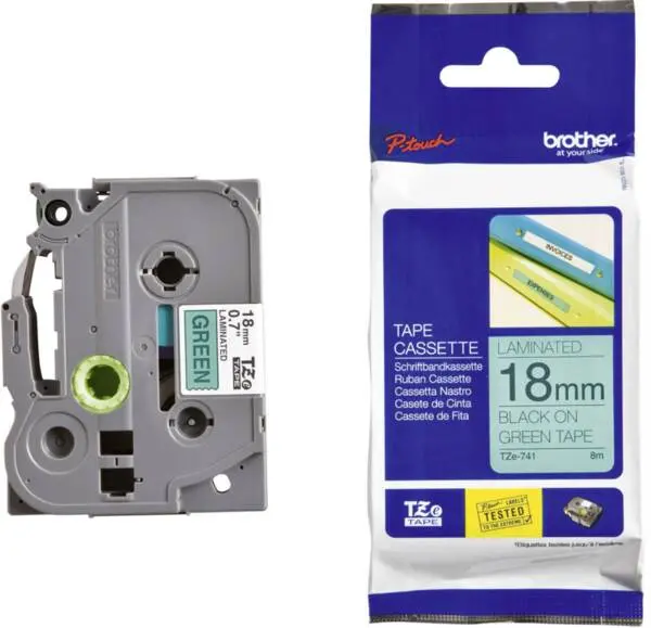 BANDĂ PENTRU IMPRIMANTE DE ETICHETE BROTHER TIP TZ - 18 mm x 8,00 m - NEGRU PE BANDĂ VERDE - PN TZE741 (TZE-741)