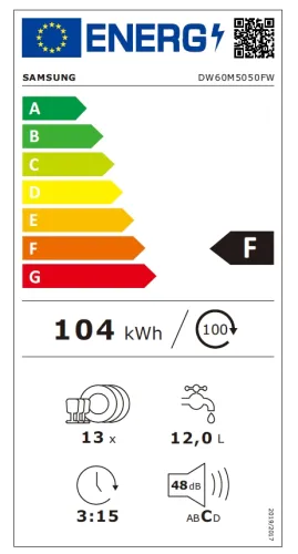 Съдомиялна машина, Samsung DW60M5050FW/EC,  Dishwasher, 60cm, 12l, Energy Efficiency F, Capacity 13 p/s, large display, 48dB, White - image 9