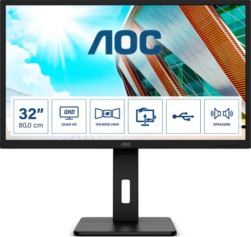 Монитор, AOC Q32P2, 31.5" IPS WLED, 2560x1440@75Hz, 4ms GTG, 250cd/m2, 1000:1, 50M:1 DCR, Adaptive Sync, FlickerFree, Low Blue Light, 3Wx2, Tilt, Height Adjust, Pivot, Swivel, 2xHDMI, DP, USB hub