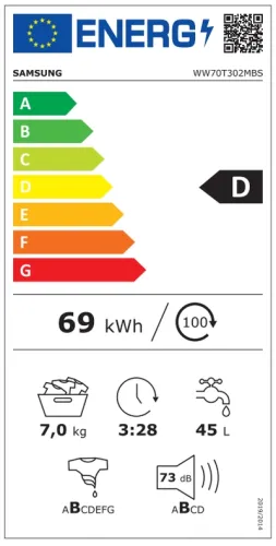 Пералня, Samsung WW70T302MBS/LE, Washing machine 7 kg, 1200 rpm, Slim, Energy Efficiency D, Spin Efficiency B, Digital Inverter Technology, Quick Wash, Drum Clean, silver, black door - image 9