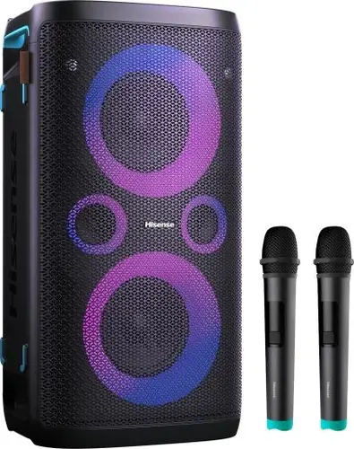 Аудио система, Hisense Party Rocker One Plus (HP110) Bluetooth Speaker with 300W Power, Built-in Woofer, Karaoke Mode, Built-in Wireless Charging Pad, AUX Input and Output, USB, 15 Hour Long-Lasting Battery 4 x 2500Ah, 2x mics included
