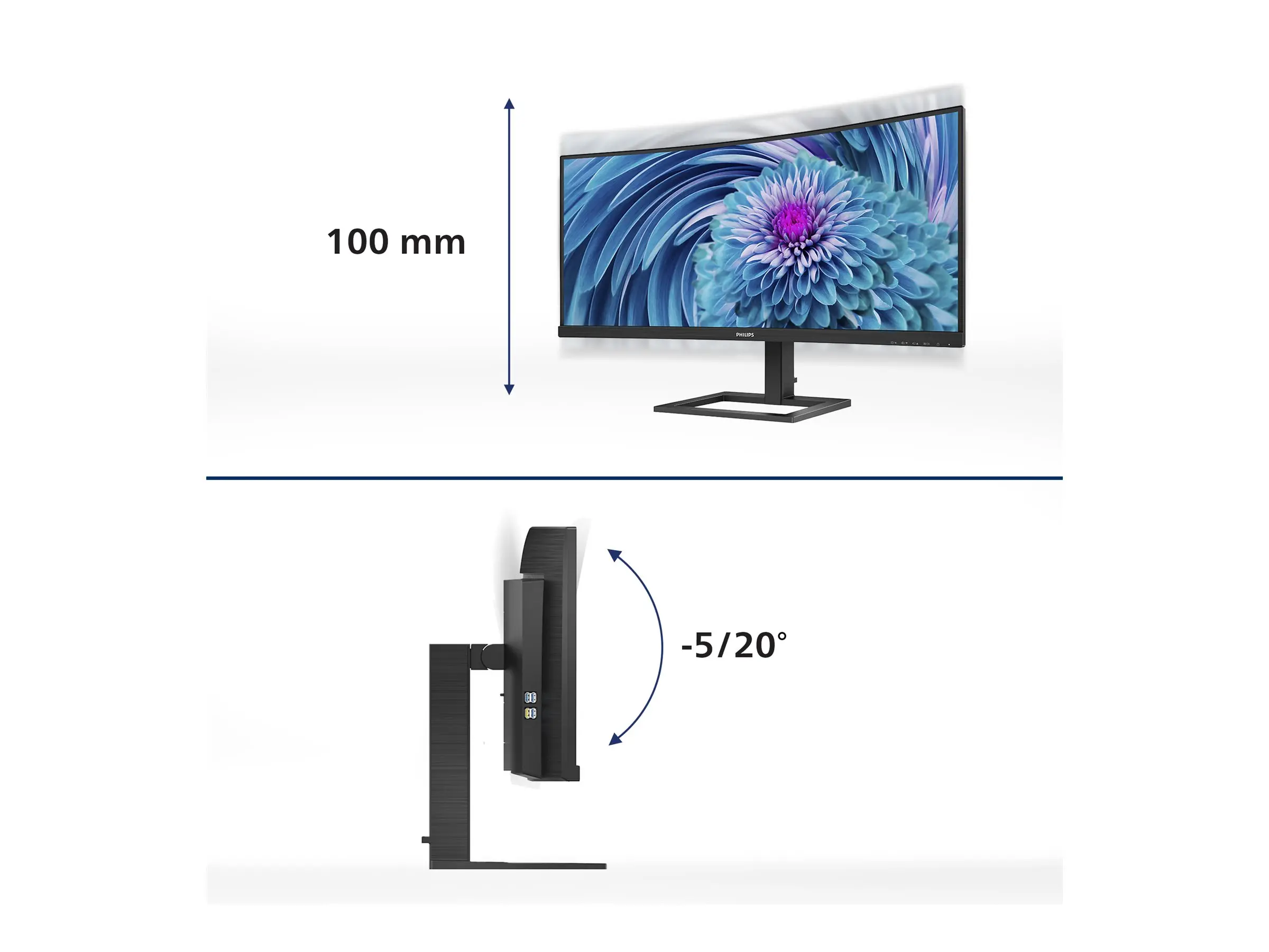 Монитор, Philips 346E2CUAE, 34" Curved 1500R VA WLED, 3440x1440@100Hz, 4ms GtG, 1ms MPRT, 300cd m/2, 3000:1, Mega Infinity DCR, Adaptive Sync, FlickerFree, Low Blue Mode, 5Wx2, Tilt, Height Adjust, HDMI, DP, USB hub - image 5