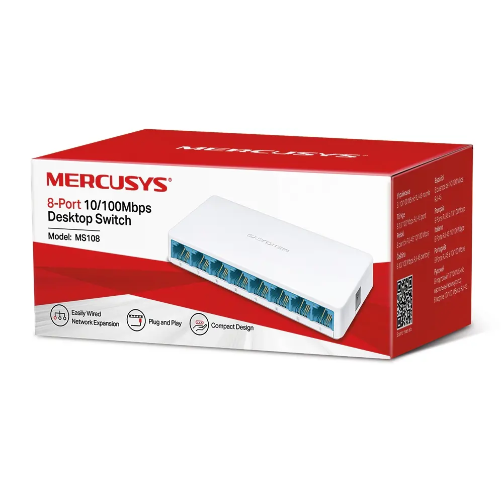 Switch Mercusys MS108, 8 porturi 10/100Mbps, neadministrabil, de birou, design compact