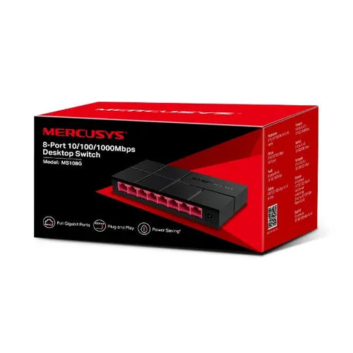 Комутатор Mercusys MS108G, 8-порта 10/100/1000Mbps, неуправляем, настолен, компактен дизайн