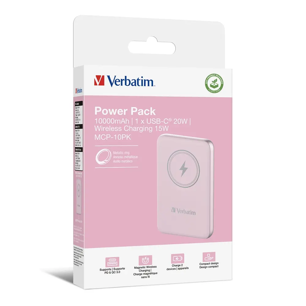 Външна батерия, Verbatim MCP-10PK Power Pack 10000 mAh with UBS-C PD 20W / Magnetic Wireless Charging 15W Pink - image 3