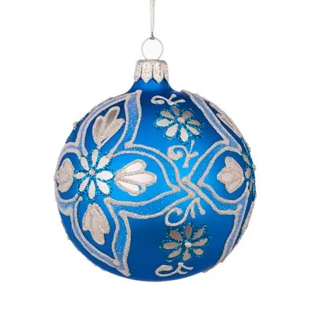 Стъклена синя топка със сребърни цветя - image 1