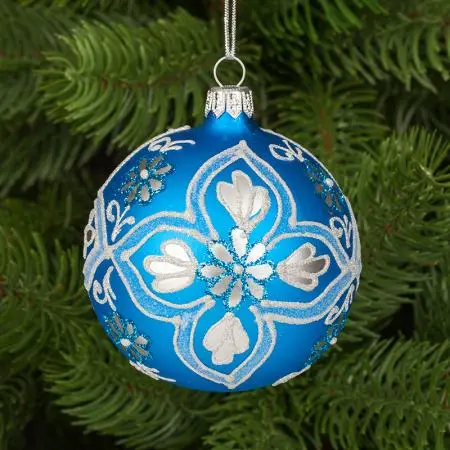 Стъклена синя топка със сребърни цветя - image 2