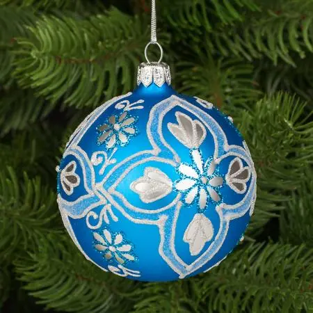 Γυάλινη μπλε μπάλα με ασημί λουλούδια - image 3