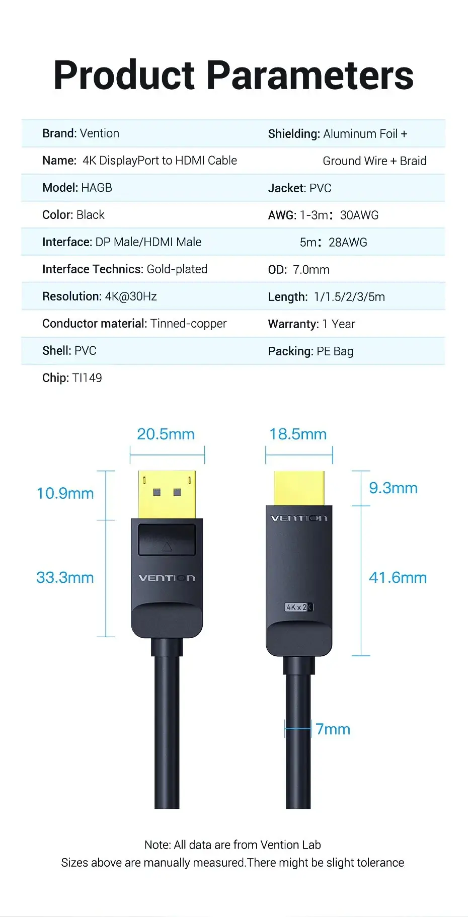 Vention кабел Cable DisplayPort to HDMI 3.0m - 4K, Gold Plated - HFOBI - image 13