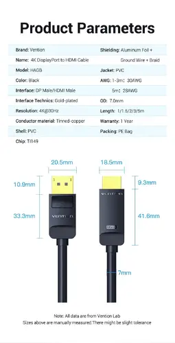 Vention καλώδιο Cable DisplayPort σε HDMI 3.0m - 4K, επιχρυσωμένο - HFOBI - 14
