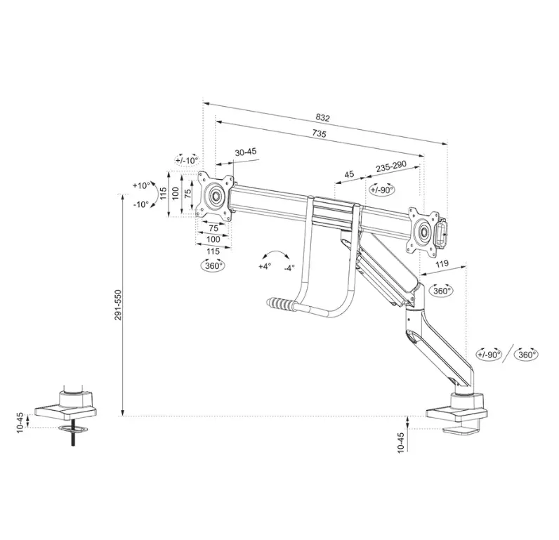 Стойка, Neomounts Screen Desk Mount 2 screens (topfix clamp & grommet) for 2 Monitor Screens, Black - image 10