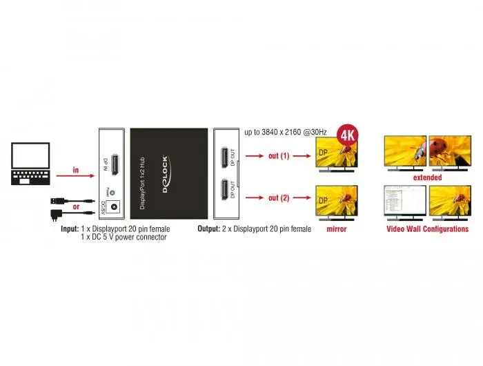 Сплитер DeLock, DisplayPort 1.2 Splitter 1 x DisplayPort in - 2 x DisplayPort out 4K - image 4