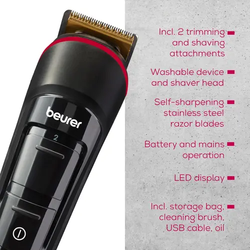 Κουρευτική μηχανή, Beurer MN4X beard styler, 2 εξαρτήματα, λεπτή λεπίδα περιγράμματος τιτανίου, λειτουργία με μπαταρία και ρεύμα, οθόνη LED, 10 μήκη - 10