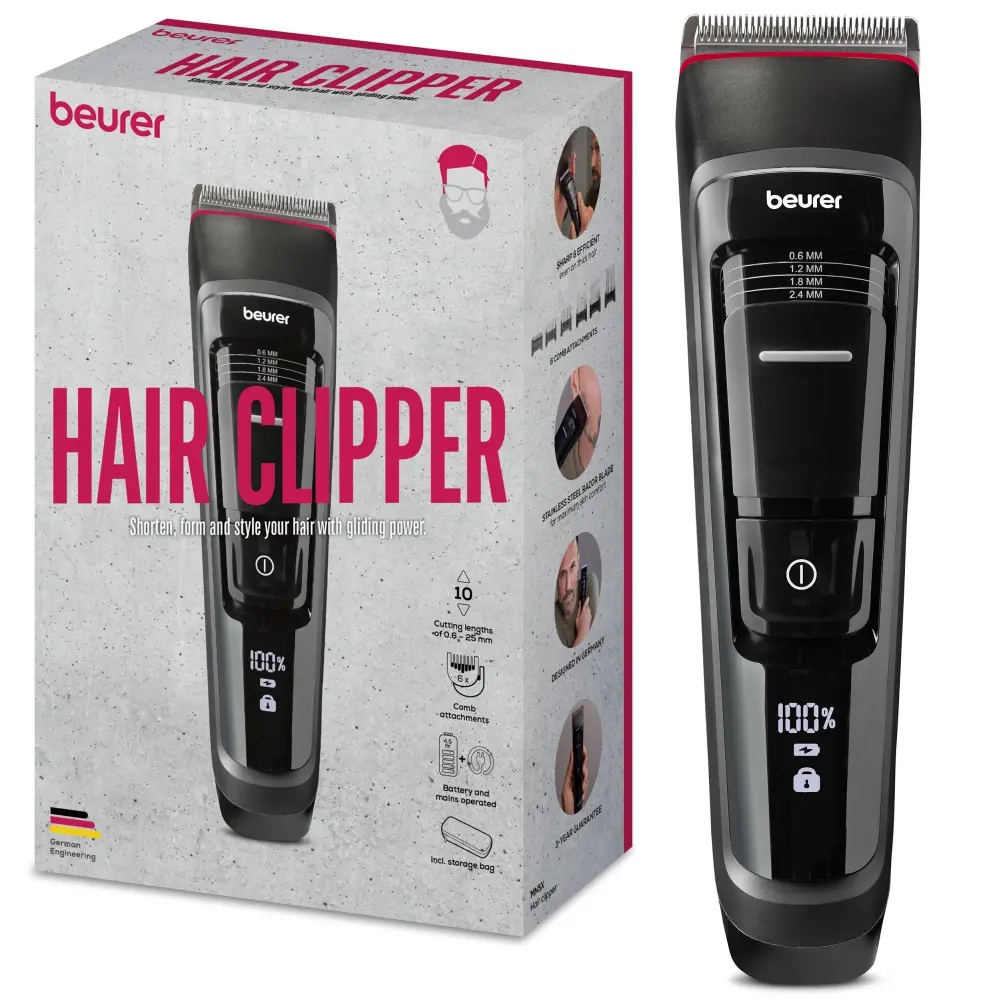 Машинка за подстригване, Beurer MN5X hair clipper, 7 Attachments, 6 adjustable cutting lengths and 4-stage fine adjustment, LED display with battery display, Battery and mains operation, travel lock display and charge display, storage bag - image 2