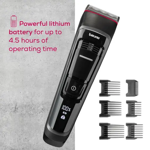 Машинка за подстригване, Beurer MN5X hair clipper, 7 Attachments, 6 adjustable cutting lengths and 4-stage fine adjustment, LED display with battery display, Battery and mains operation, travel lock display and charge display, storage bag - image 4