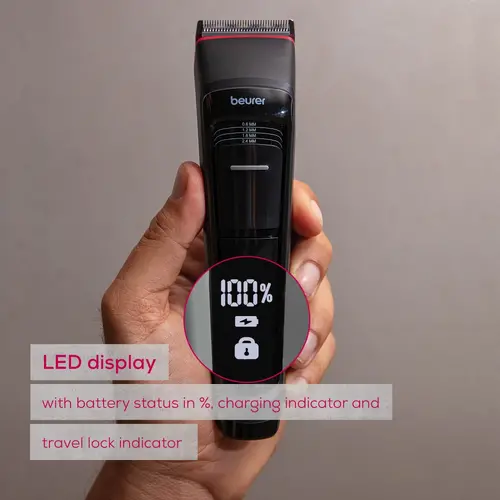 Машинка за подстригване, Beurer MN5X hair clipper, 7 Attachments, 6 adjustable cutting lengths and 4-stage fine adjustment, LED display with battery display, Battery and mains operation, travel lock display and charge display, storage bag - image 7