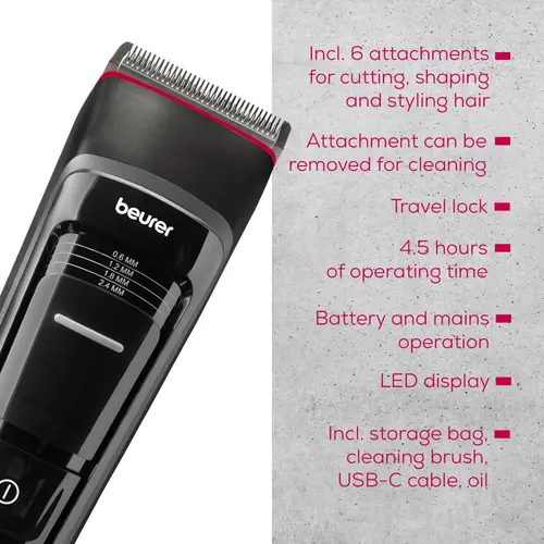 Машинка за подстригване, Beurer MN5X hair clipper, 7 Attachments, 6 adjustable cutting lengths and 4-stage fine adjustment, LED display with battery display, Battery and mains operation, travel lock display and charge display, storage bag - image 8