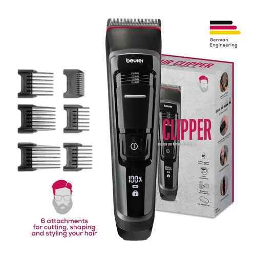 Машинка за подстригване, Beurer MN5X hair clipper, 7 Attachments, 6 adjustable cutting lengths and 4-stage fine adjustment, LED display with battery display, Battery and mains operation, travel lock display and charge display, storage bag - image 9