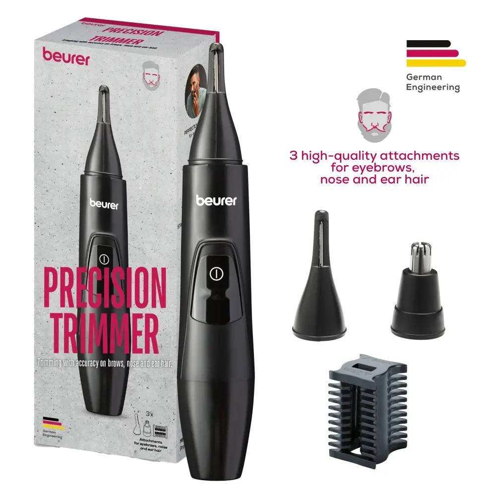 Тример, Beurer MN2X Precision trimmer, Incl. 3 attachments for trimming and shaping eyebrows, nose and ear hairs, High-quality stainless steel attachments, (IPX4), Battery-powered, Incl. protective cap, cleaning brush and storage bag - image 8