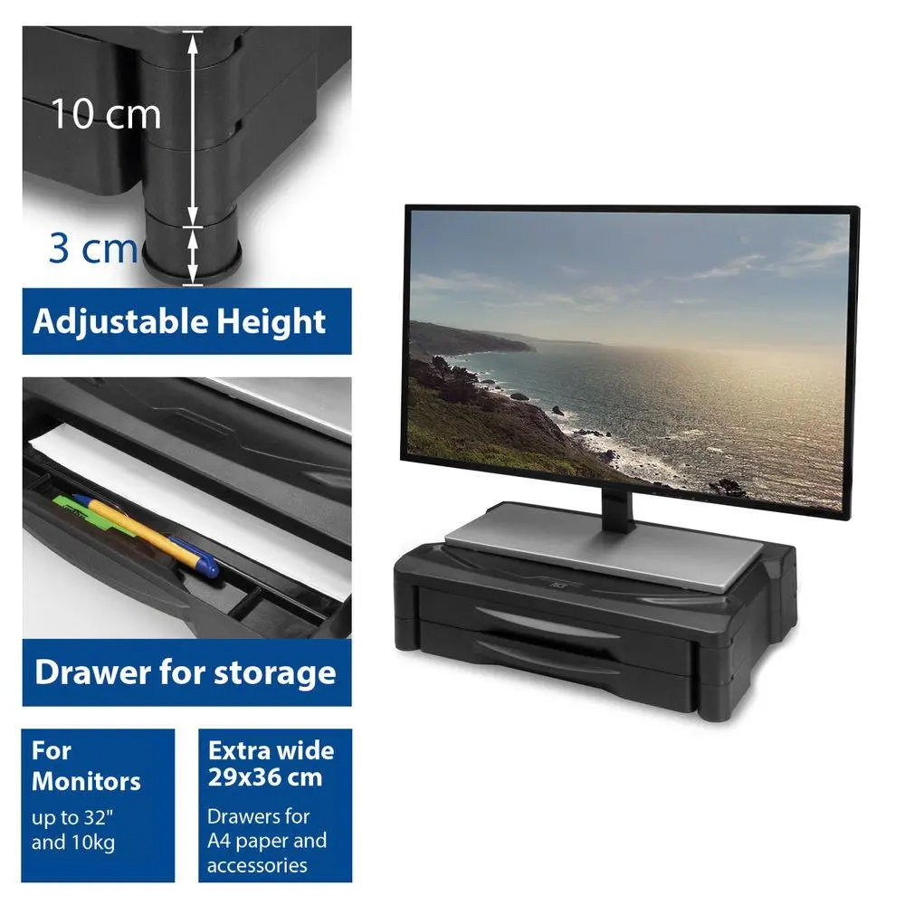 Suport pentru monitor ACT AC8215, De birou, cu 2 sertare, Până la 10 kg, Negru - image 1