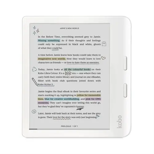 Четец за Е-книги, Kobo Libra Colour e-Book Reader, E Ink Kaleido touchscreen 7 inch, 1680 x 1264, 32 GB, 2 GHz, Greutate 0.215 kg, Wireless Da, Comfort Light PRO, IPX8 - up to 60 mins in 2 metres of water, 15 file formats supported natively, White