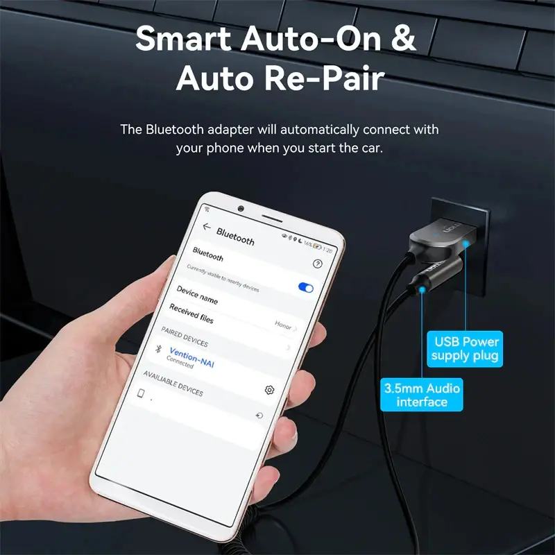 Vention блутут за кола за разговори и музика Car Bluetooth 5.4 audio receiver USB, 3.5mm jack - NAIHG - image 6