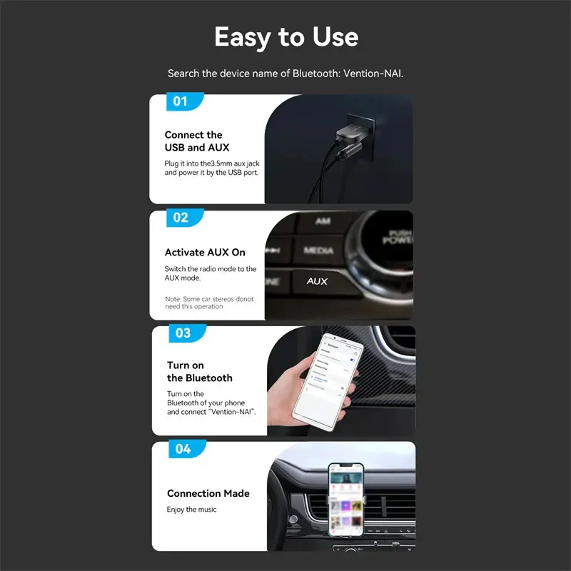 Vention блутут за кола за разговори и музика Car Bluetooth 5.4 audio receiver USB, 3.5mm jack - NAIHG - image 9