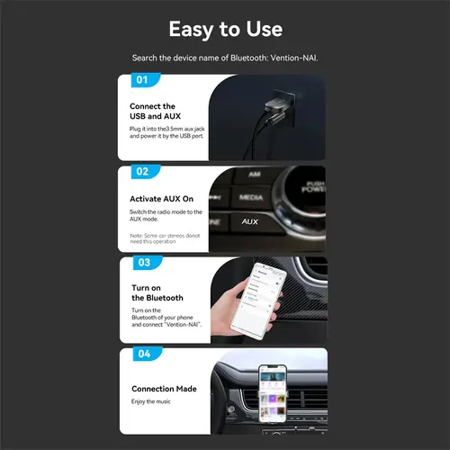 Vention Bluetooth auto pentru apeluri și muzică Car Bluetooth 5.4 audio receiver USB, 3.5mm jack - NAIHG - 10