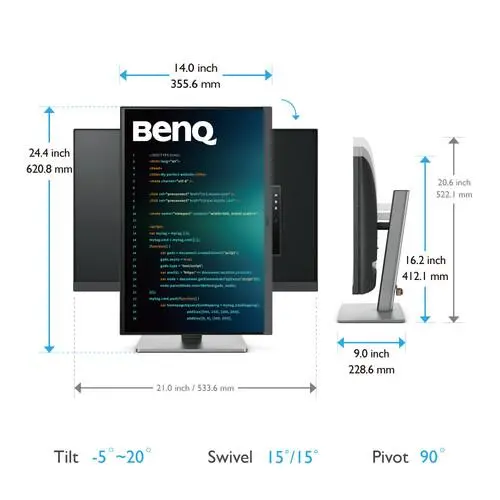 Монитор, BenQ RD240Q, 24.1", 2560x1600 WQXGA, Programming Monitor, 16:10, 1.07 billions col., HDR10, 1000:1, 20M:1 DCR, 300 cd/m2, HDMI 2.0, DP 1.4, USB-C (90W), Flicker-free, B.I. Gen2, Low Blue Light+, Night Hours Prot., Sp.2W, Height Adj.,Tilt,Swiv, Pivot - image 8