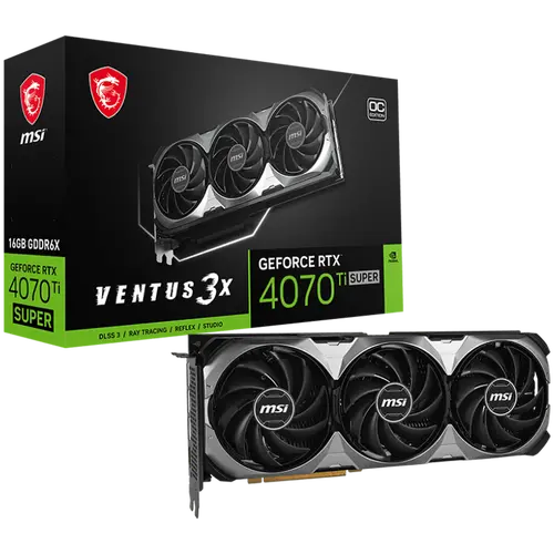 MSI Video Card Nvidia RTX 4070 Ti SUPER 16G VENTUS 3X OC, 16GB GDDR6X, 256bit, 21Gbps Memory speed, Boost: 2640 MHz, 8448 CUDA Cores, 3x DP 1.4a, HDMI 2.1a, RAY TRACING, Triple Fan, 1x 16pin, 700W Recommended PSU, 3Y