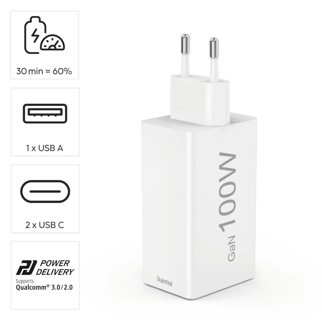 HAMA Бързо зарядно 220V, 100 W GaN, 2x USB-C PD, 1x USB-A QC - image 14