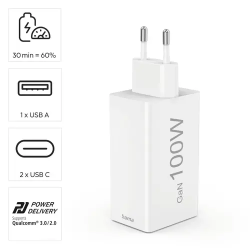 HAMA Бързо зарядно 220V, 100 W GaN, 2x USB-C PD, 1x USB-A QC - image 14