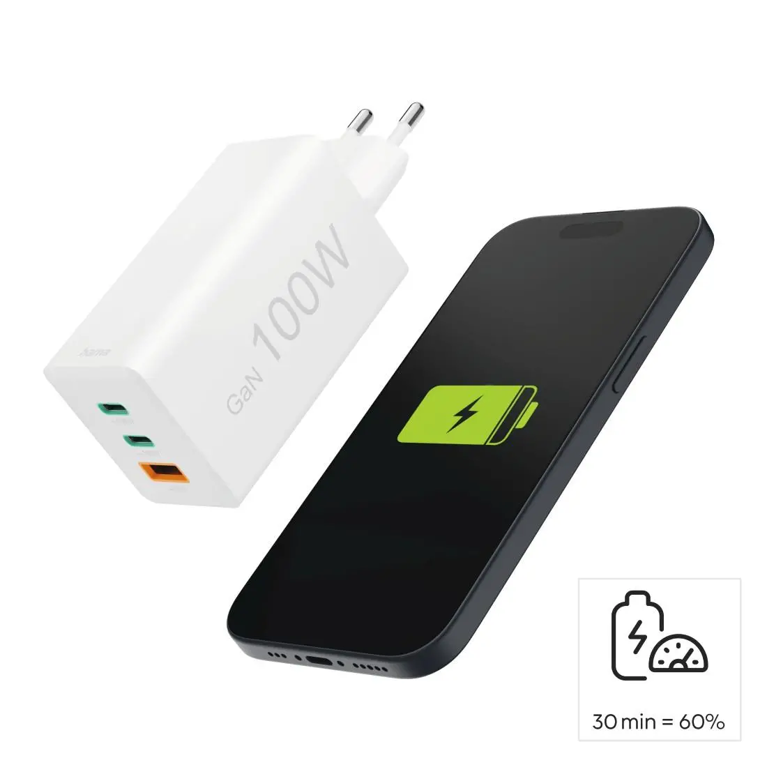 HAMA Бързо зарядно 220V, 100 W GaN, 2x USB-C PD, 1x USB-A QC - image 17