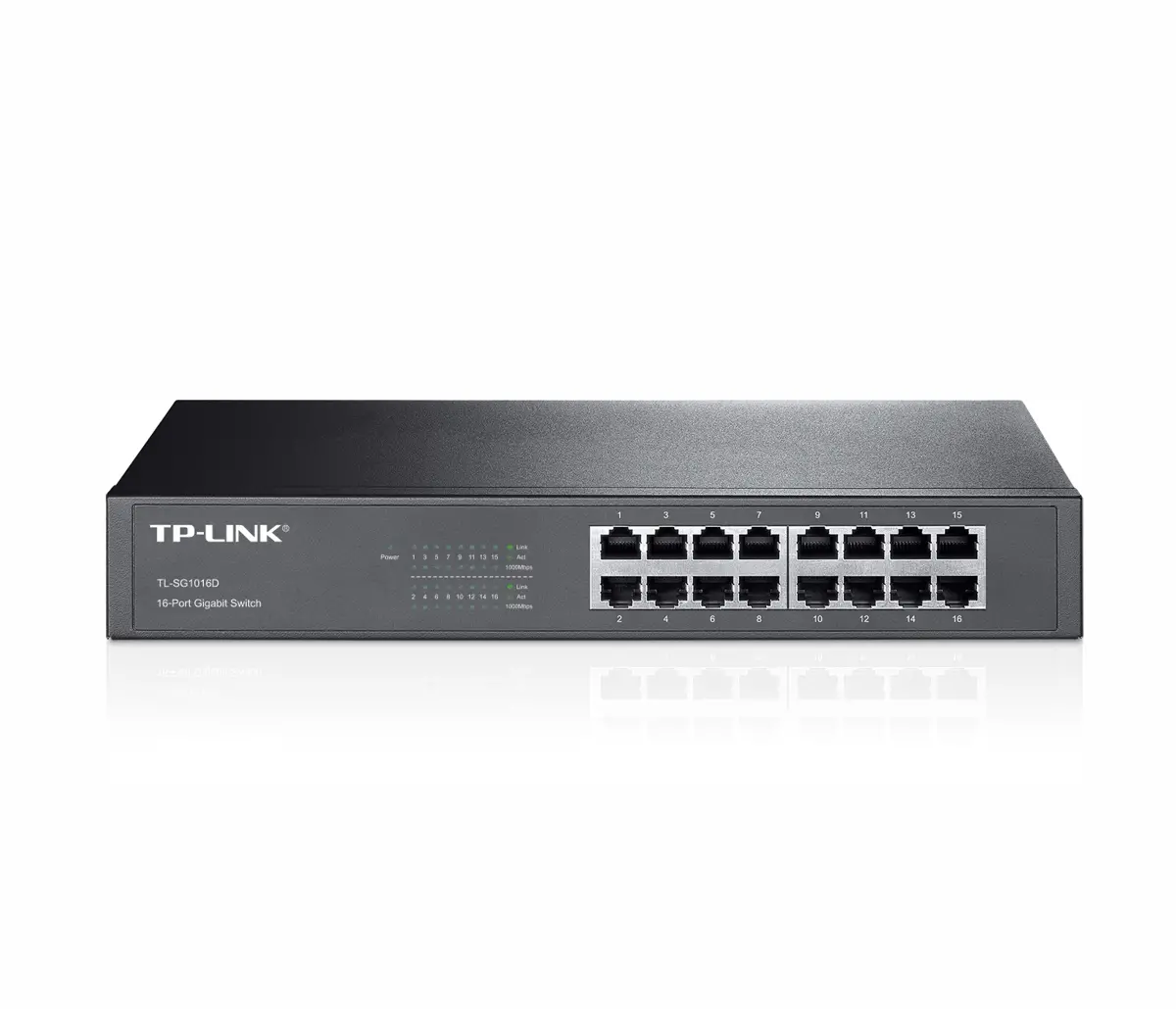 Комутатор TP-LINK TL-SG1016D, 16х 10/100/1000M RJ45 порта, метален, за шкаф