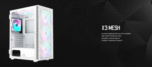 Montech кутия X3 MESH, Mid-tower Case, TG, 6 fixed RGB Fans, White - image 1