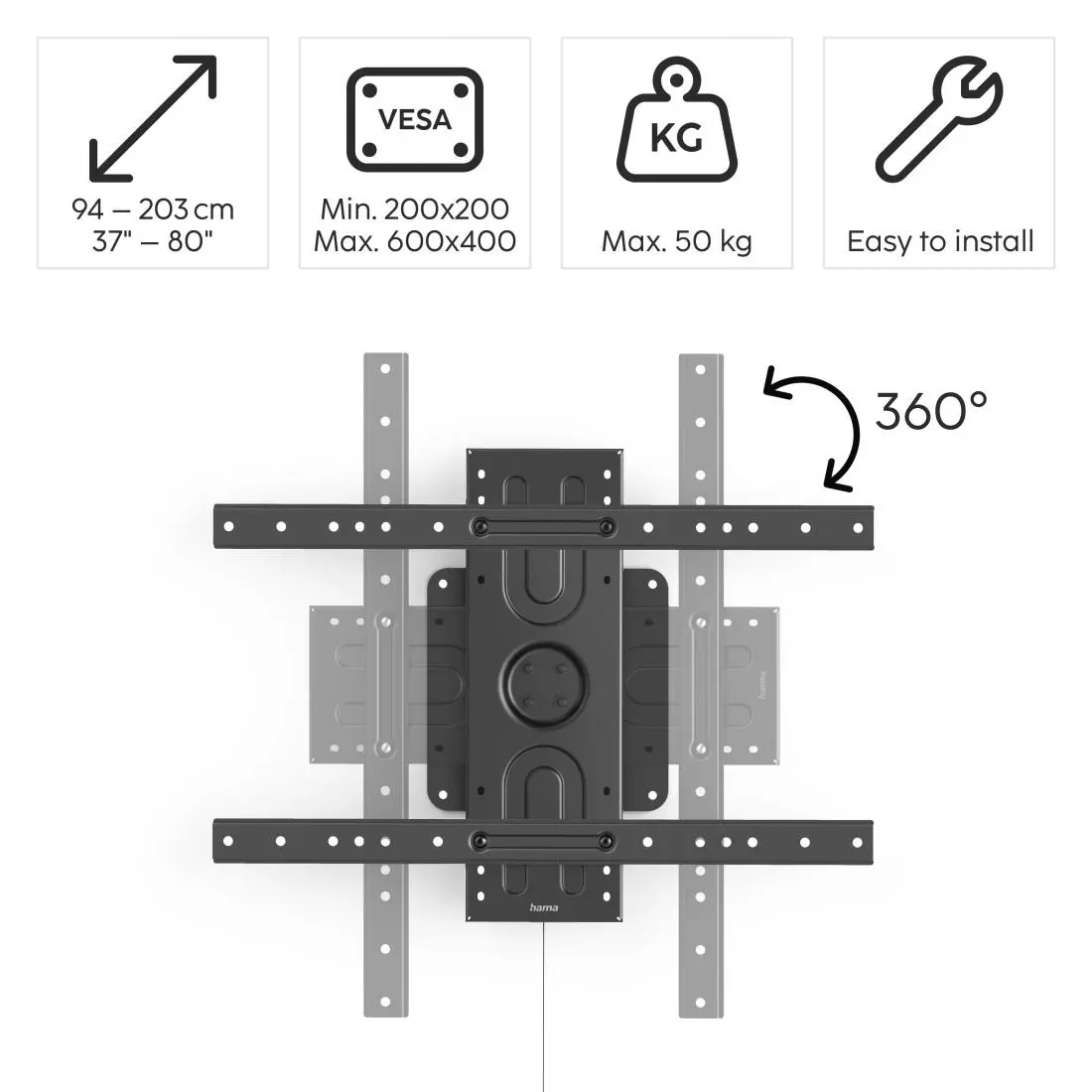 Стенна стойка за TV HAMA, 203 см (80"), 360 °, до 50 кг, 220857 - image 4