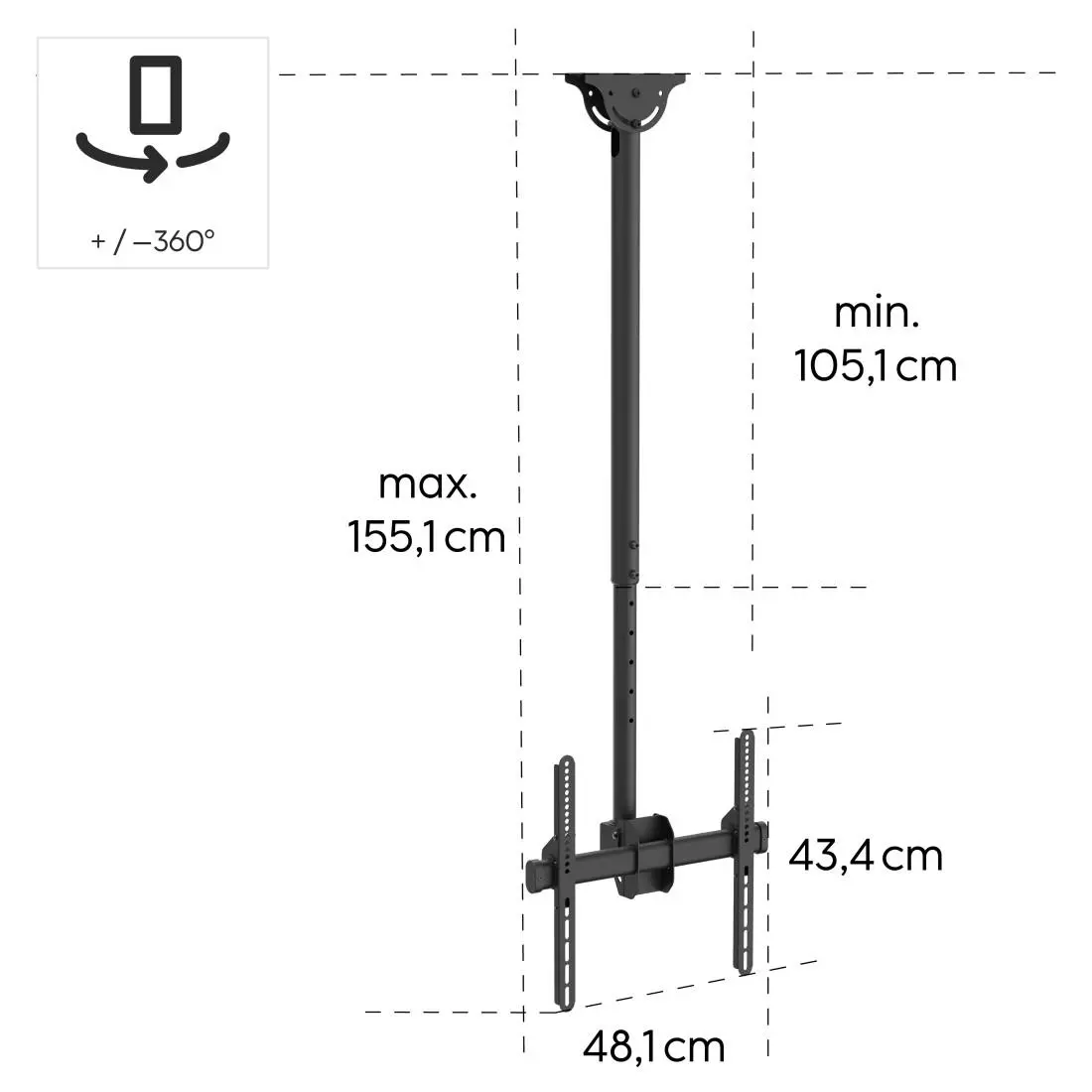 Стойка за таван Hama TV, въртяща се, накланяща се, 165 см (65") до 50 кг, 220878 - image 10