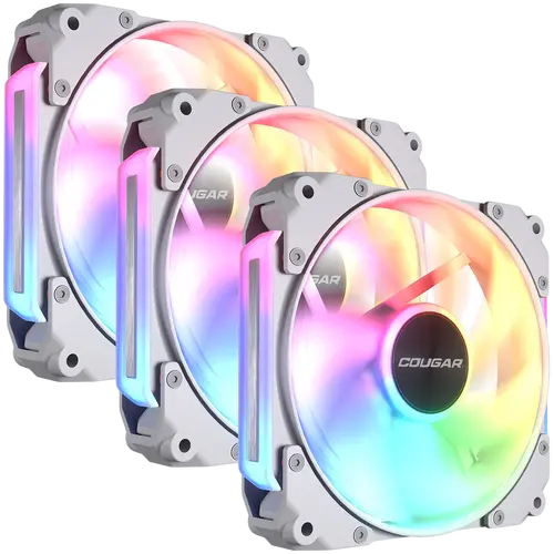 Cougar fan APOLAR 120 ARGB White (3 fan package), Fan Speed 600-2200 RPM±200RPM, Air Flow 75.38 CFM ± 10%, Air Pressure 2.59 mm H2O±10%, HDB Hydro Dynamic Bearing, 490 mm (Fan) / 470 mm (ARGB)