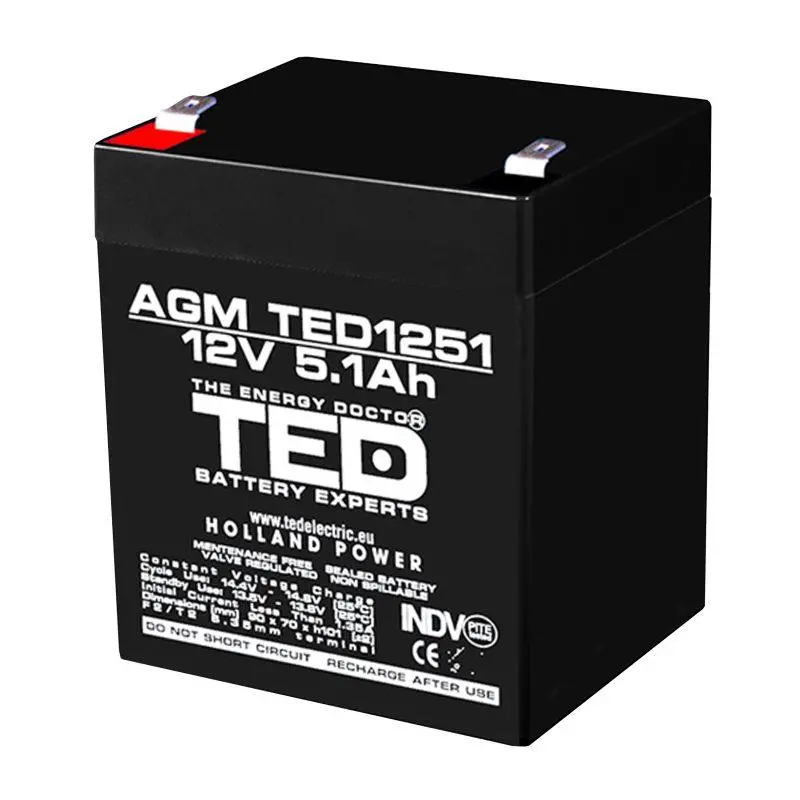 Μπαταρία μολύβδου TED ELECTRIC AGM, 12V, 5Ah, 90/ 70/ 10 1mm, Ακροδέκτης 2
