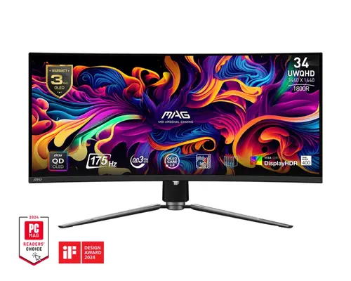 Монитор, MSI MAG 341CQP QD-OLED, 34", 175Hz, 0.03ms, UWQHD 3440x1440, Oled Care 2.0, Fanless with Graphene, ClearMR 9000, HDR, KVM, 250 nits, 1500000:1, 100M;1, DP (1.4a), 2x HDMI (2.1), Type-C (DP alt. PD 15W), USB HUB, Adj.Stand 100mm, VES, 9S6-3DD04T-001